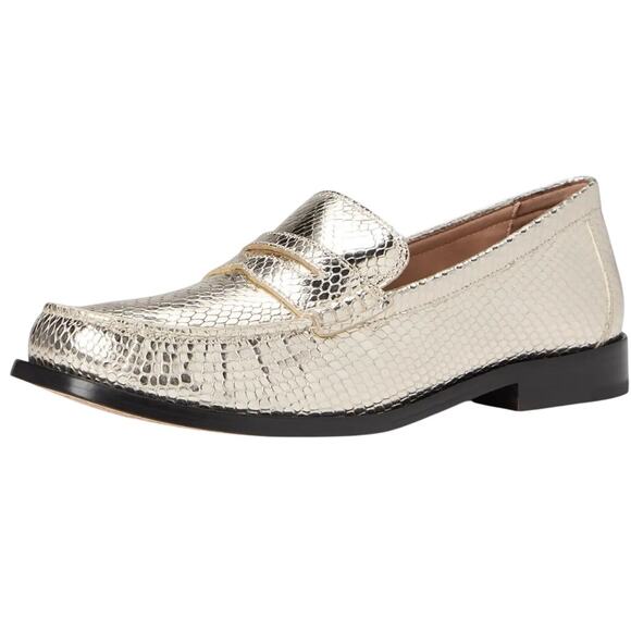 Cole Haan Womens Lana Lux Penny Loafers US 7 Wide Gold Snake Print Leather NIB - Picture 2 of 12